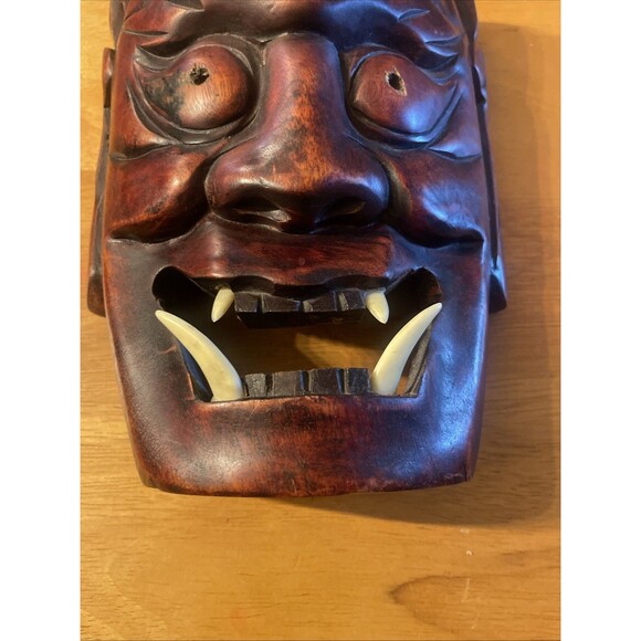 Japanese Wood Oni Mask Noh Carved Kyougen Kagura Hannya Devil Demon Wall - Picture 7 of 8